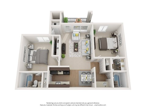 Floor plan for 2 beds, 2 baths, 883 sqft